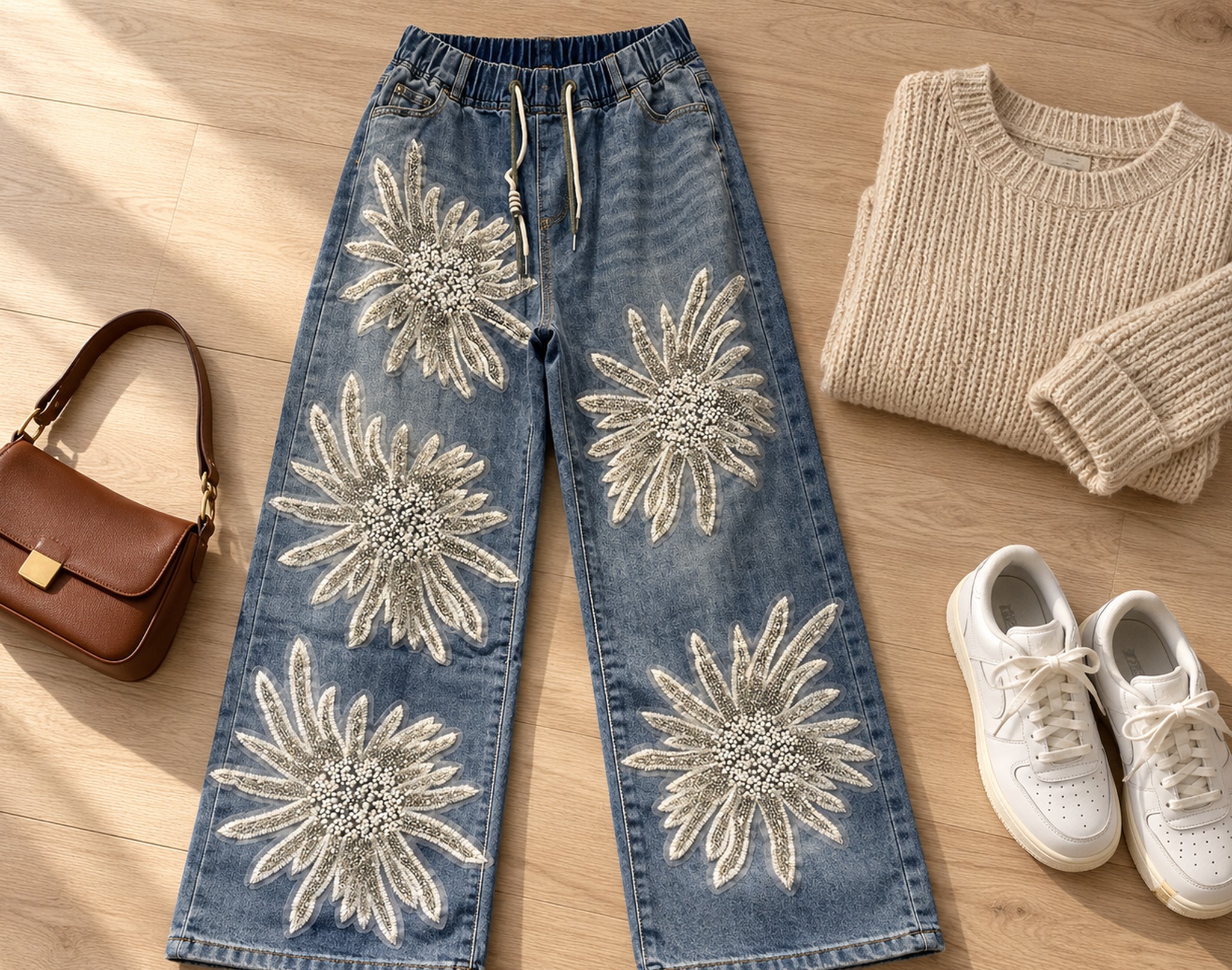 flat lay: jeansy z kwiatami, beżowy sweter, białe sneakersy i brązowa torebka