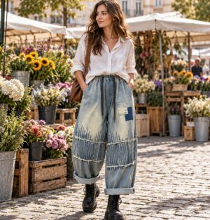 Jeansy damskie szerokie z haftem i łatkami, na gumce, vintage patchwork - modelka w niebieskich jeansach i lnianej koszuli na targu