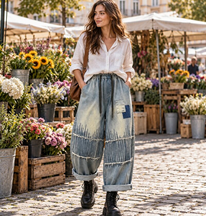 Jeansy damskie szerokie z haftem i łatkami, na gumce, vintage patchwork - modelka w niebieskich jeansach i lnianej koszuli na targu