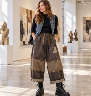 Jeansy damskie szerokie z haftem i łatkami, na gumce, vintage patchwork - modelka w ciemnych jeansach, kamizelce i botkach w galerii sztuki