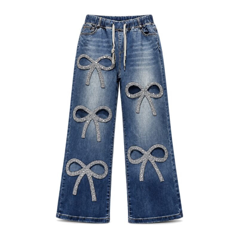 Jeansy damskie szerokie z kokardami z cyrkonii, gumka w pasie, L-4XL - zdjęcie główne