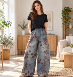 Jeansy damskie szerokie w kwiaty, na gumce, wysoki stan, jasne - jasne mieszkanie, modelka w czarnym T-shircie