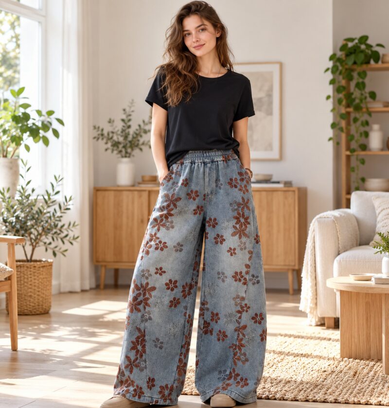 Jeansy damskie szerokie w kwiaty, na gumce, wysoki stan, jasne - jasne mieszkanie, modelka w czarnym T-shircie
