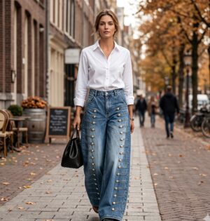 Jeansy damskie szerokie z rzędem metalowych guzików na nogawkach - miejska ulica jesienią, modelka w niebieskich jeansach z guzikami, białej koszuli i z czarną torebką, bez logo