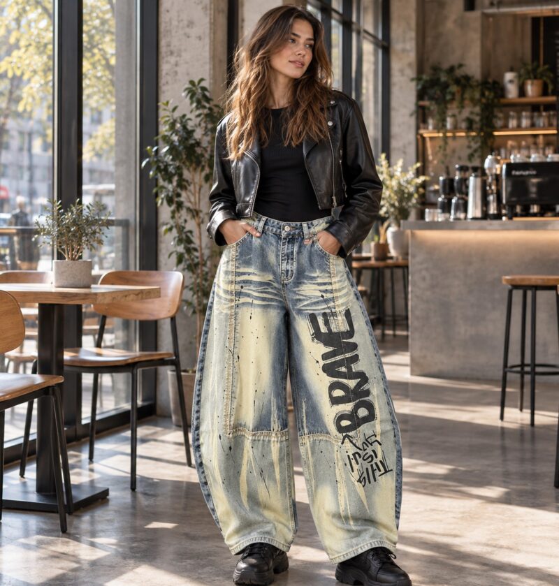 Jeansy damskie szerokie z nadrukiem liter, wysoki stan, sprane - kawiarnia, modelka w jeansach bez paska z czarnym topem i kurtką
