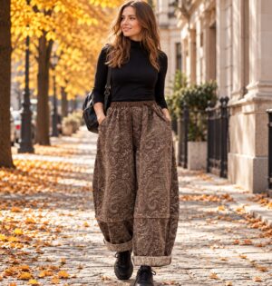 Jeansy damskie szerokie z nadrukiem paisley, elastyczny pas, brązowe - modelka w jeansach paisley i czarnym topie na jesiennej ulicy