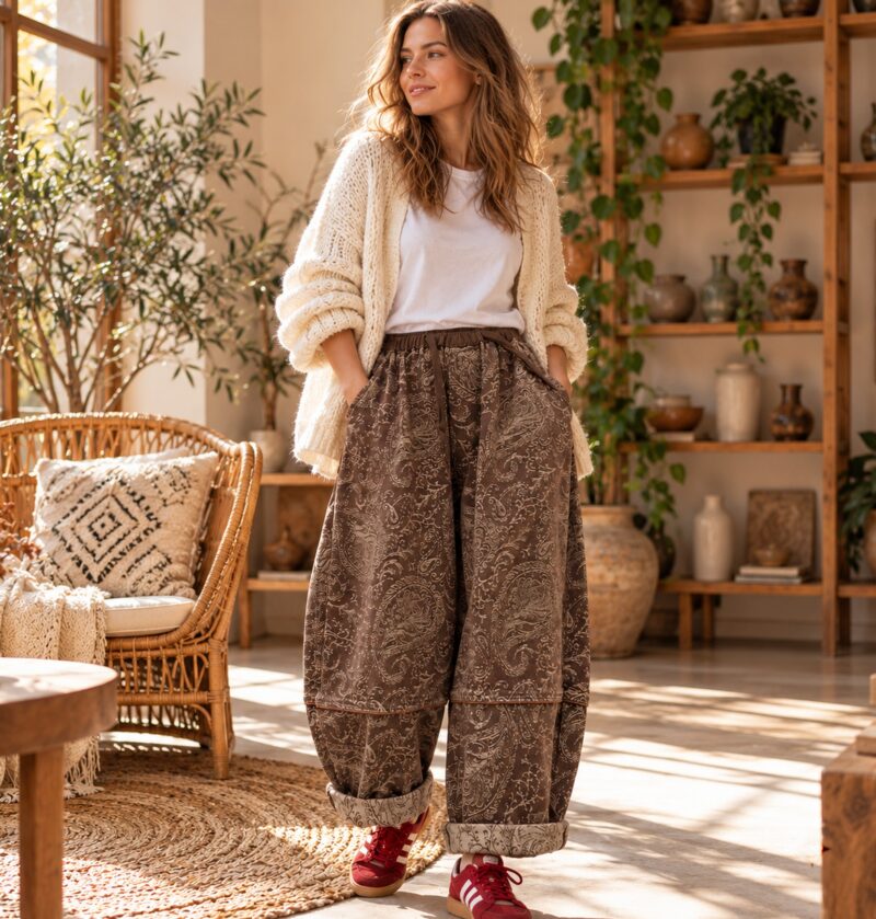 Jeansy damskie szerokie z nadrukiem paisley, elastyczny pas, brązowe - stylizacja na modelce