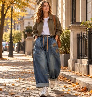 Jeansy damskie szerokie z naszywkami w gwiazdy, na gumce, vintage - ulica miasta jesienią, modelka w krótkiej kurtce i sneakersach