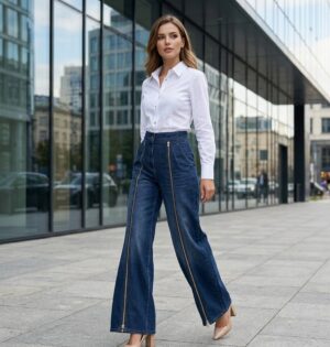 Jeansy damskie szerokie z ozdobnymi zamkami, wysoki stan, granatowe - modelka w spodniach i białej koszuli na miejskiej ulicy przed nowoczesnym biurowcem