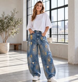 Jeansy damskie szerokie z ozdobami i przeszyciami, efekt zniszczenia - modelka w loftowej pracowni, oversize T-shirt i sneakersy, bez logo