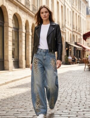Jeansy damskie szerokie z nadrukiem w panterkę, sprane, wysoki stan - modelka w spodniach, białej koszulce i krótkiej skórzanej kurtce na miejskiej ulicy, bez paska, dzienne światło