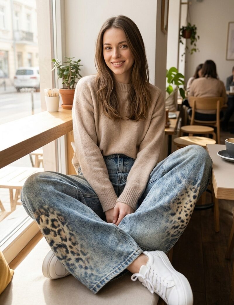 Jeansy damskie szerokie z nadrukiem w panterkę, sprane, wysoki stan - modelka w spodniach w jasnej kawiarni, beżowy sweter, dzienne światło