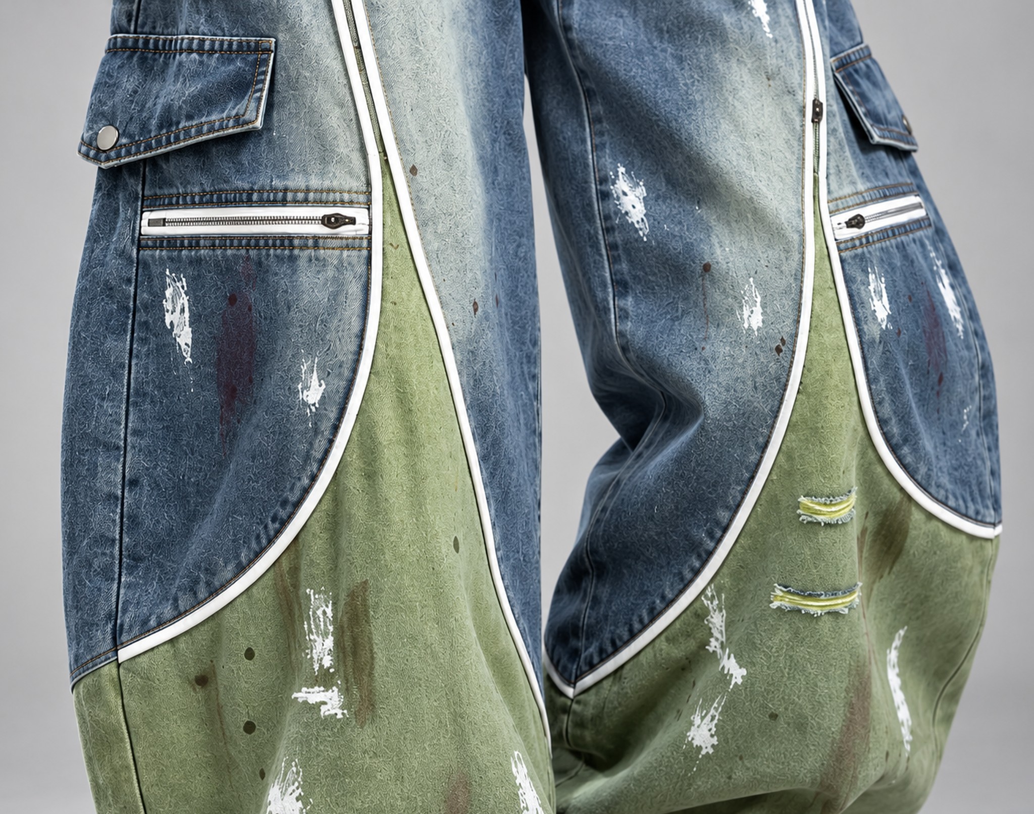 zbliżenie przejścia niebieskiego denimu w zielony panel z białą lamówką na wysokości kolana