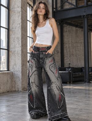 Jeansy damskie szerokie patchwork z haftem i zamkami, czarne sprane - sesja w industrialnym wnętrzu z betonem i metalem, gładki biały top bez napisów, masywne czarne buty