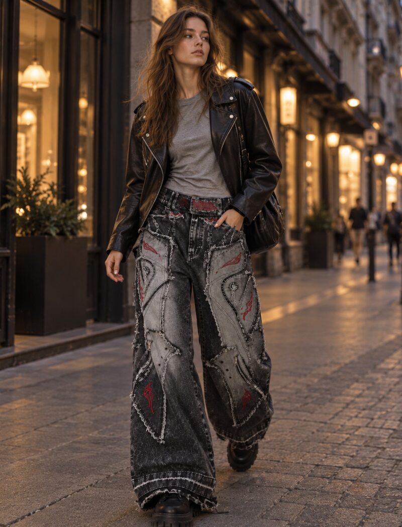 Jeansy damskie szerokie patchwork z haftem i zamkami, czarne sprane - miejska ulica o zmierzchu, skórzana ramoneska i gładki szary T-shirt