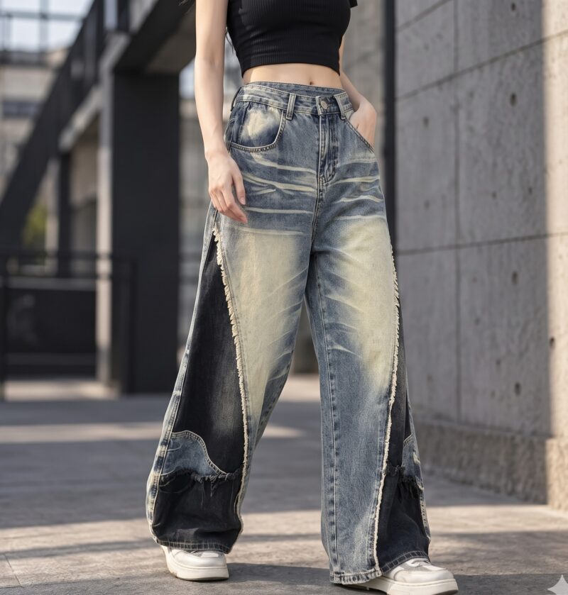 Jeansy damskie szerokie patchwork, wysoki stan, postrzępione brzegi - betonowa miejska ulica, modelka w krótkim czarnym topie i białych sneakersach, kadr od pasa w dół