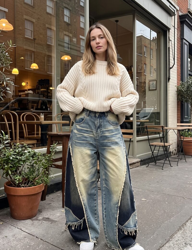 Jeansy damskie szerokie patchwork, wysoki stan, postrzępione brzegi - modelka przed kawiarnią, kremowy sweter, białe sneakersy