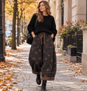 Jeansy damskie szerokie w róże, na gumce ze sznurkiem, balonowe, czarne - modelka w jeansach w róże, czarnym swetrze i botkach na jesiennej ulicy