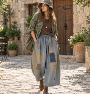 Jeansy damskie szerokie vintage z łatami i haftem, na gumce, oversize - brukowana uliczka, sweter i płaskie sandały