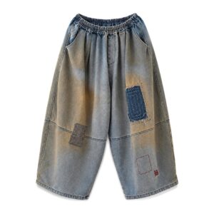 Jeansy damskie szerokie vintage z łatami i haftem, na gumce, oversize - zdjęcie główne