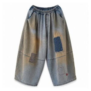 Jeansy damskie szerokie vintage z łatami i haftem, na gumce, oversize - wariant wariant