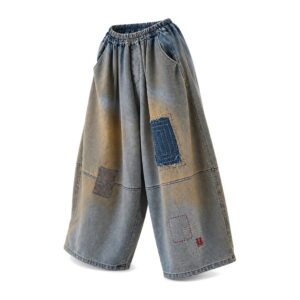 Jeansy damskie szerokie vintage z łatami i haftem, na gumce, oversize - przód spodni, ghost mannequin