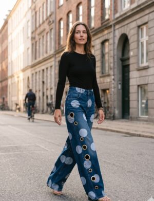 Jeansy damskie szerokie do kostek, 9 wzorów i zdobień do wyboru - modelka w jeansach w grochy z oczkami na miejskiej ulicy, czarny top