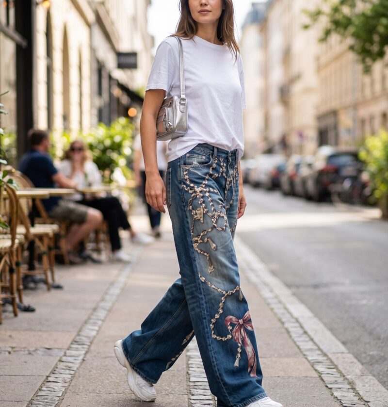 Jeansy damskie szerokie Y2K z nadrukiem łańcuchów i kokard, sprane - miejska ulica, stylizacja z białym T-shirtem i srebrną torebką