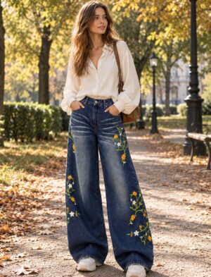 Jeansy damskie wide leg z haftem w kwiaty, wysoki stan, niebieskie - modelka w parku, jasna bluzka