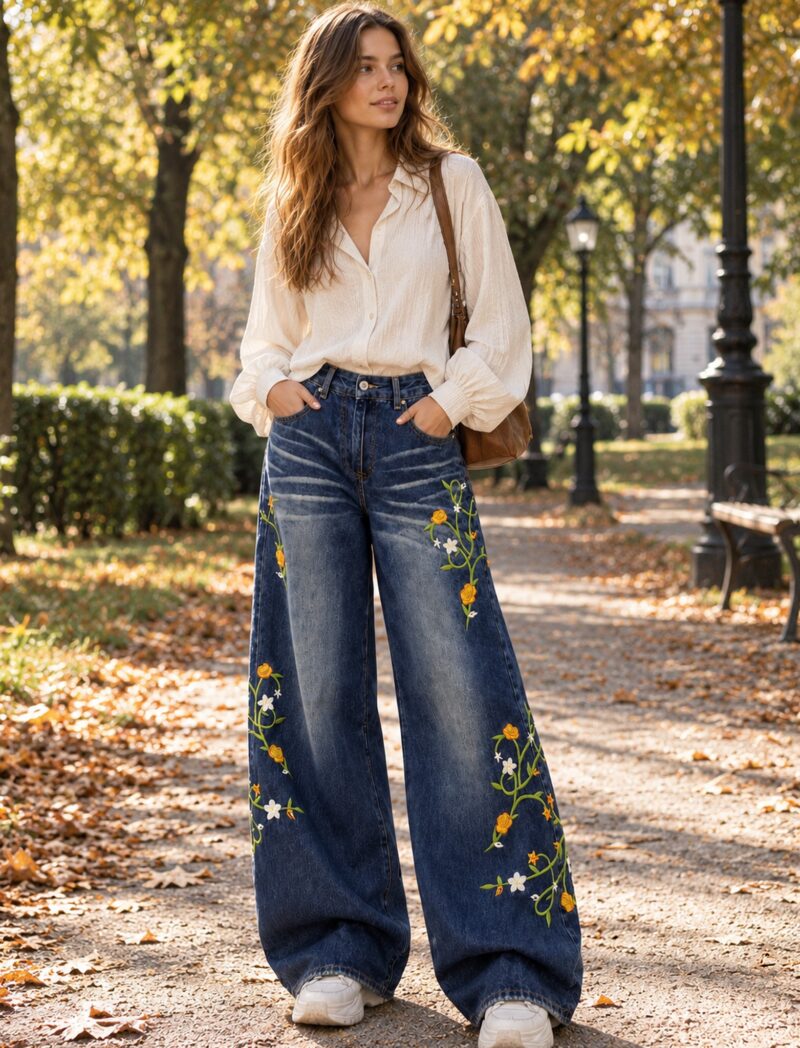 Jeansy damskie wide leg z haftem w kwiaty, wysoki stan, niebieskie - modelka w parku, jasna bluzka