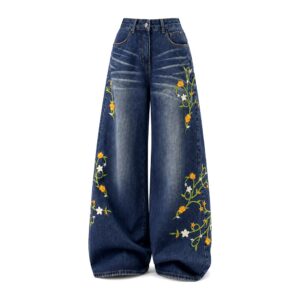 Jeansy damskie wide leg z haftem w kwiaty, wysoki stan, niebieskie - zdjęcie główne
