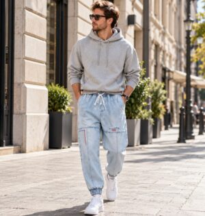 Jeansy męskie joggery ze ściągaczami i gumką w pasie, jasnoniebieskie - mężczyzna w miejskiej scenerii, jasne joggery z białymi sneakersami i szarą bluzą z kapturem