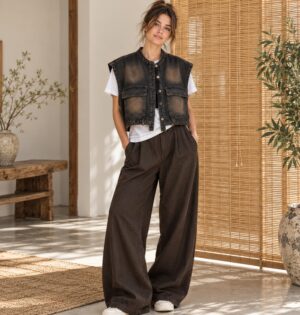 Kamizelka jeansowa damska krótka, luźna, na guziki, czarna sprana - modelka w kamizelce na białym T-shircie, szerokie spodnie, jasne wnętrze z bambusową roletą