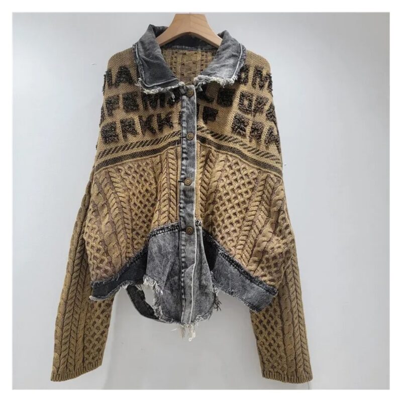 Kardigan damski patchworkowy z jeansem, splot warkoczowy, oversize - wariant khaki