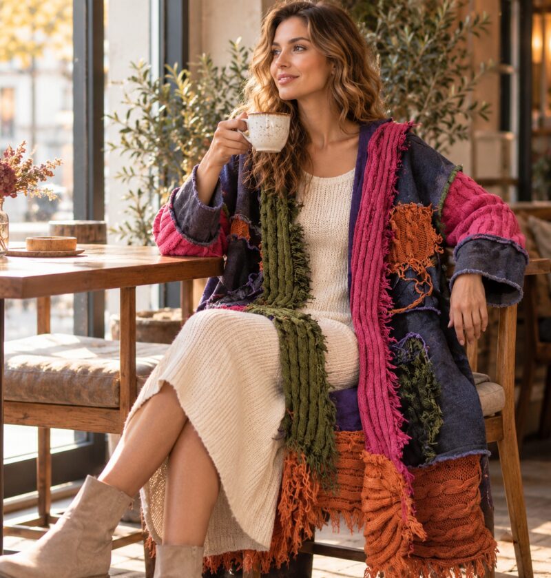 Kardigan damski patchwork z kapturem i frędzlami, oversize, dzianina - modelka w kardiganie w wersji fioletowej w przytulnej kawiarni