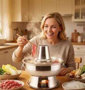 Kociołek do fondue na węgiel drzewny 28 cm ze stali nierdzewnej - domowa kuchnia, kociołek z bulionem i talerze z mięsem i warzywami