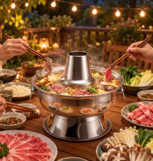 Kociołek do fondue na węgiel drzewny 28 cm ze stali nierdzewnej - wieczorna kolacja na tarasie, kociołek na stole