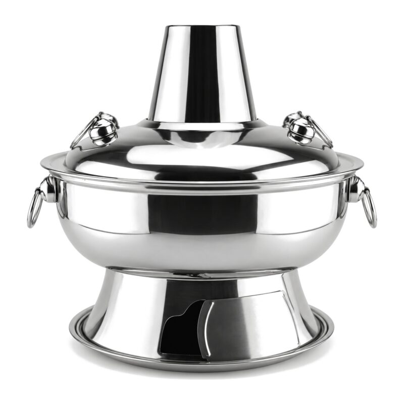 Kociołek do fondue na węgiel drzewny 28 cm ze stali nierdzewnej - kociołek z boku, widoczne uchwyty