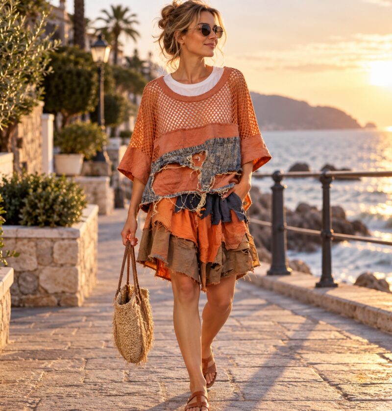 Komplet damski bluzka z siateczki i szorty patchwork, pomarańczowy - modelka w komplecie na nadmorskiej promenadzie, letnie światło, sandały