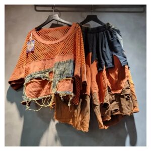 Komplet damski bluzka z siateczki i szorty patchwork, pomarańczowy - wariant M