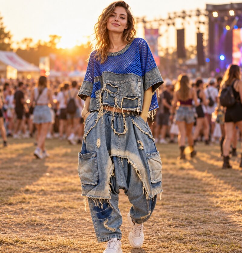 Komplet damski jeansowy patchwork, koszulka z siatki i luźne spodnie - sesja na festiwalu muzycznym, modelka w całym komplecie i trampkach
