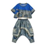 Komplet damski jeansowy patchwork, koszulka z siatki i luźne spodnie - zdjęcie główne