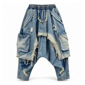 Komplet damski jeansowy patchwork, koszulka z siatki i luźne spodnie - wariant spodnie, L