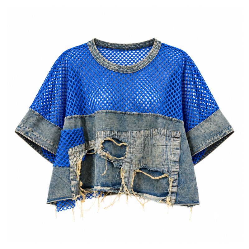Komplet damski jeansowy patchwork, koszulka z siatki i luźne spodnie - wariant koszulka, M