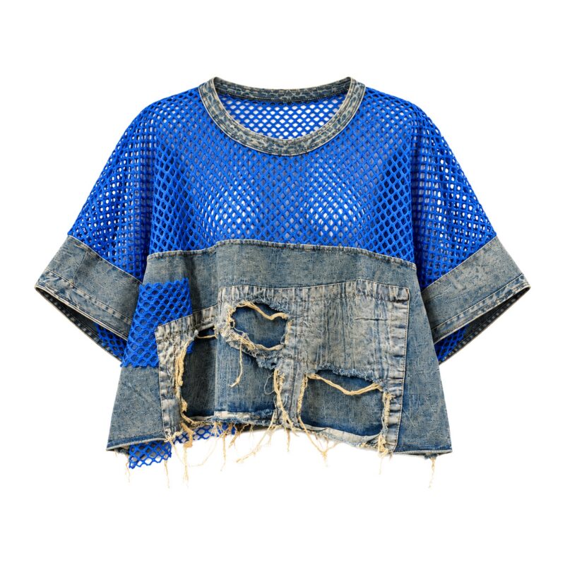 Komplet damski jeansowy patchwork, koszulka z siatki i luźne spodnie - koszulka z siatki, przód