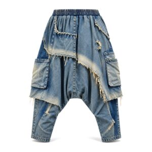 Komplet damski jeansowy patchwork, koszulka z siatki i luźne spodnie - spodnie, tył, bez metek z logo