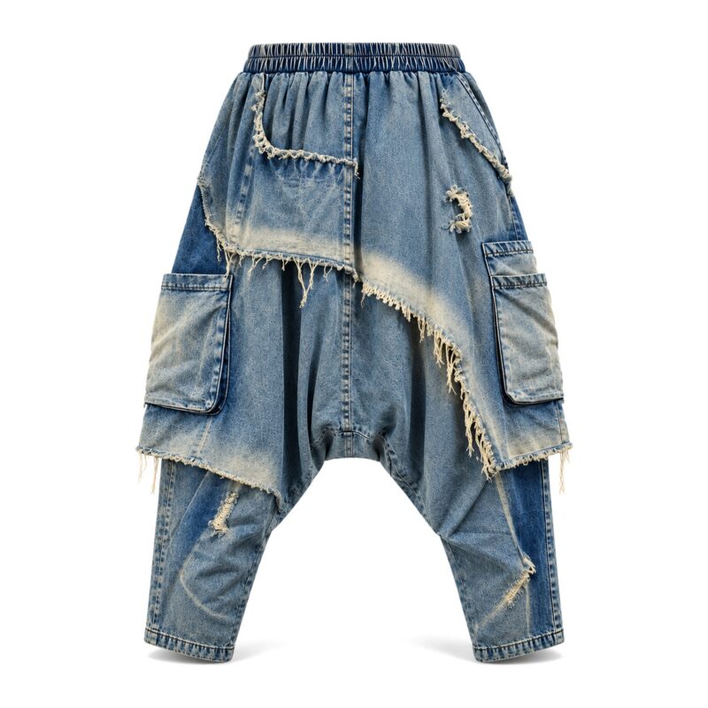 Komplet damski jeansowy patchwork, koszulka z siatki i luźne spodnie - spodnie, tył, bez metek z logo