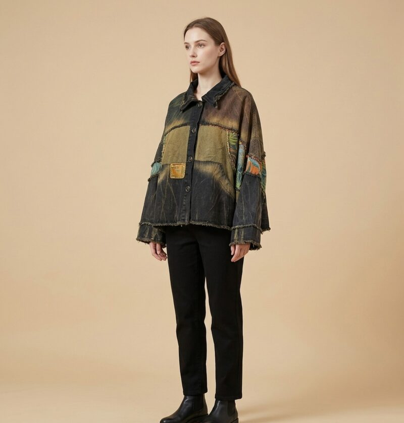 Komplet damski kurtka jeansowa i spodnie haremki z nadrukiem, patchwork - sesja w studiu z tłem w kolorze piasku, modelka w komplecie (ref g05)