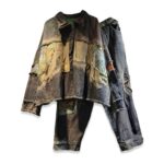 Komplet damski kurtka jeansowa i spodnie haremki z nadrukiem, patchwork - zdjęcie główne