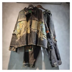 Komplet damski kurtka jeansowa i spodnie haremki z nadrukiem, patchwork - wariant komplet